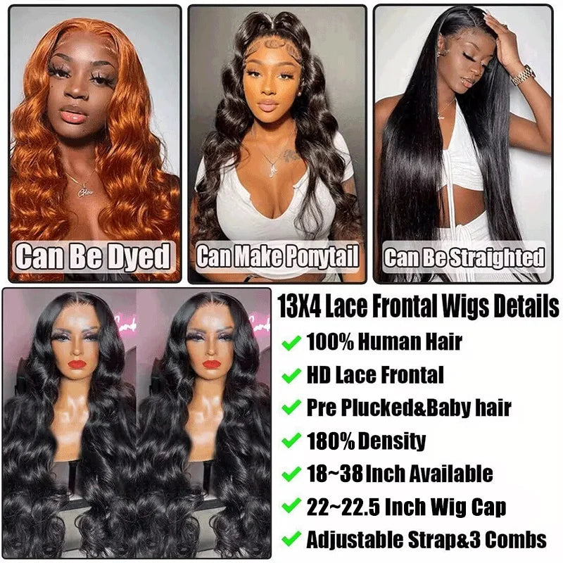 30 inch Lace Front Wig Human Hair Body Wave HD Lace Frontal 13x4 180 Density Glueless Wigs Human Hair for Women Natural Black