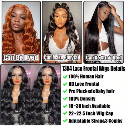 30 inch Lace Front Wig Human Hair Body Wave HD Lace Frontal 13x4 180 Density Glueless Wigs Human Hair for Women Natural Black