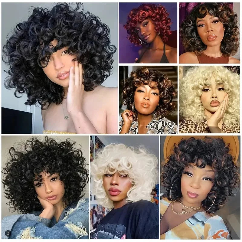 Afro Kinky Curly Wigs With Bangs for Black Women High Temperature African Synthetic Ombre Glueless Cosplay Wigs