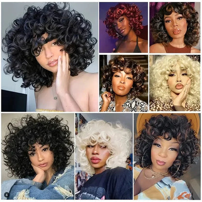 Afro Kinky Curly Wigs With Bangs for Black Women High Temperature African Synthetic Ombre Glueless Cosplay Wigs