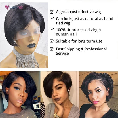 Pre Plucked Indian Virgin Ginger Orange 13x1Transparent Lace Front Wig Straight Short Pixie Cut Human Hair Wigs for Black Women