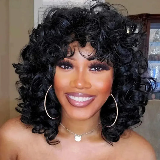Afro Kinky Curly Wigs With Bangs for Black Women High Temperature African Synthetic Ombre Glueless Cosplay Wigs