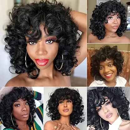 Afro Kinky Curly Wigs With Bangs for Black Women High Temperature African Synthetic Ombre Glueless Cosplay Wigs