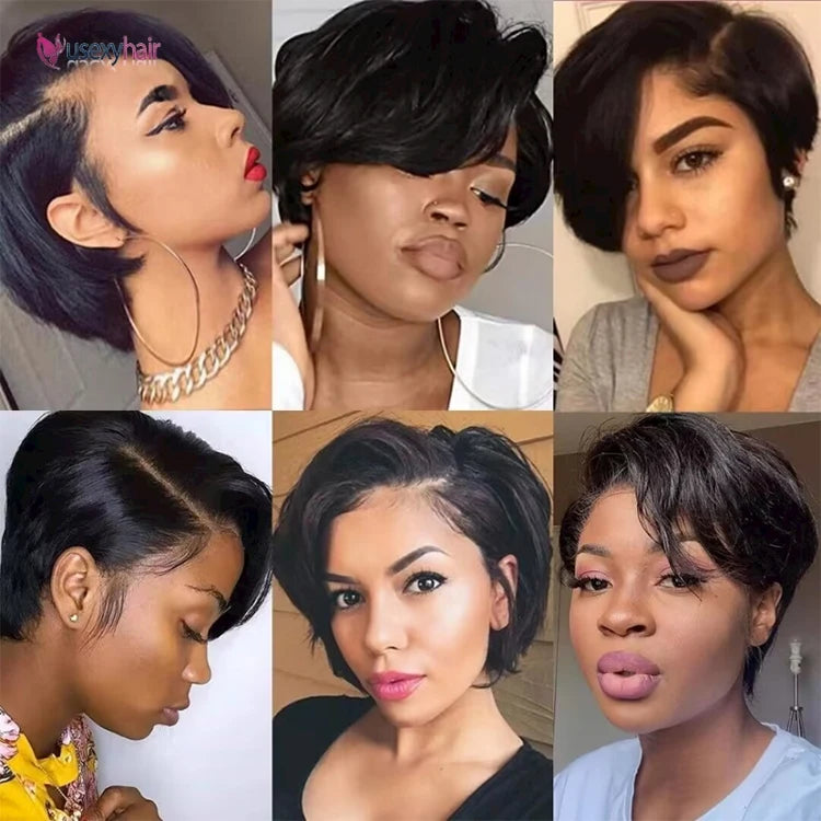 Pre Plucked Indian Virgin Ginger Orange 13x1Transparent Lace Front Wig Straight Short Pixie Cut Human Hair Wigs for Black Women