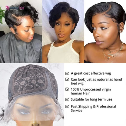 Pre Plucked Indian Virgin Ginger Orange 13x1Transparent Lace Front Wig Straight Short Pixie Cut Human Hair Wigs for Black Women
