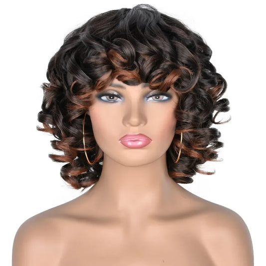 Afro Kinky Curly Wigs With Bangs for Black Women High Temperature African Synthetic Ombre Glueless Cosplay Wigs