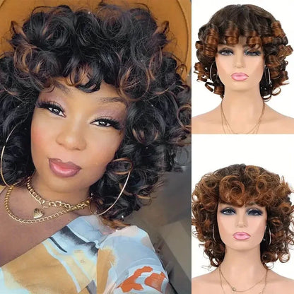 Afro Kinky Curly Wigs With Bangs for Black Women High Temperature African Synthetic Ombre Glueless Cosplay Wigs