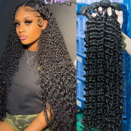 Curly Human Hair Bundles 28 30 32 Inch 3/4 PCS Deep Wave Bundles Human Hair Extensions Brazilian Weaving 100% Raw Hair Bundles