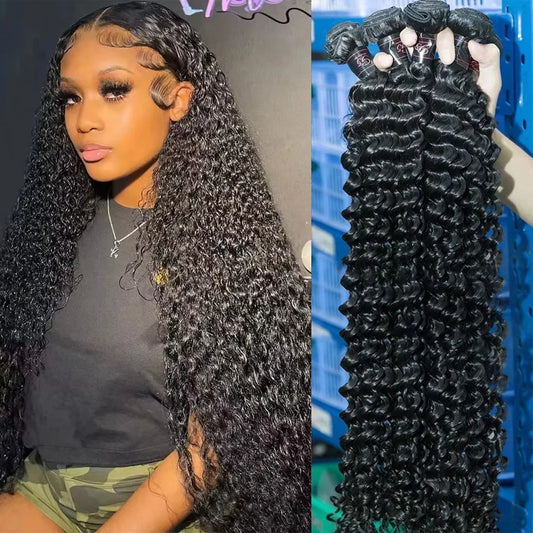 Curly Human Hair Bundles 28 30 32 Inch 3/4 PCS Deep Wave Bundles Human Hair Extensions Brazilian Weaving 100% Raw Hair Bundles