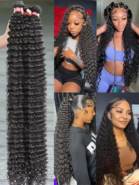 Curly Human Hair Bundles 28 30 32 Inch 3/4 PCS Deep Wave Bundles Human Hair Extensions Brazilian Weaving 100% Raw Hair Bundles